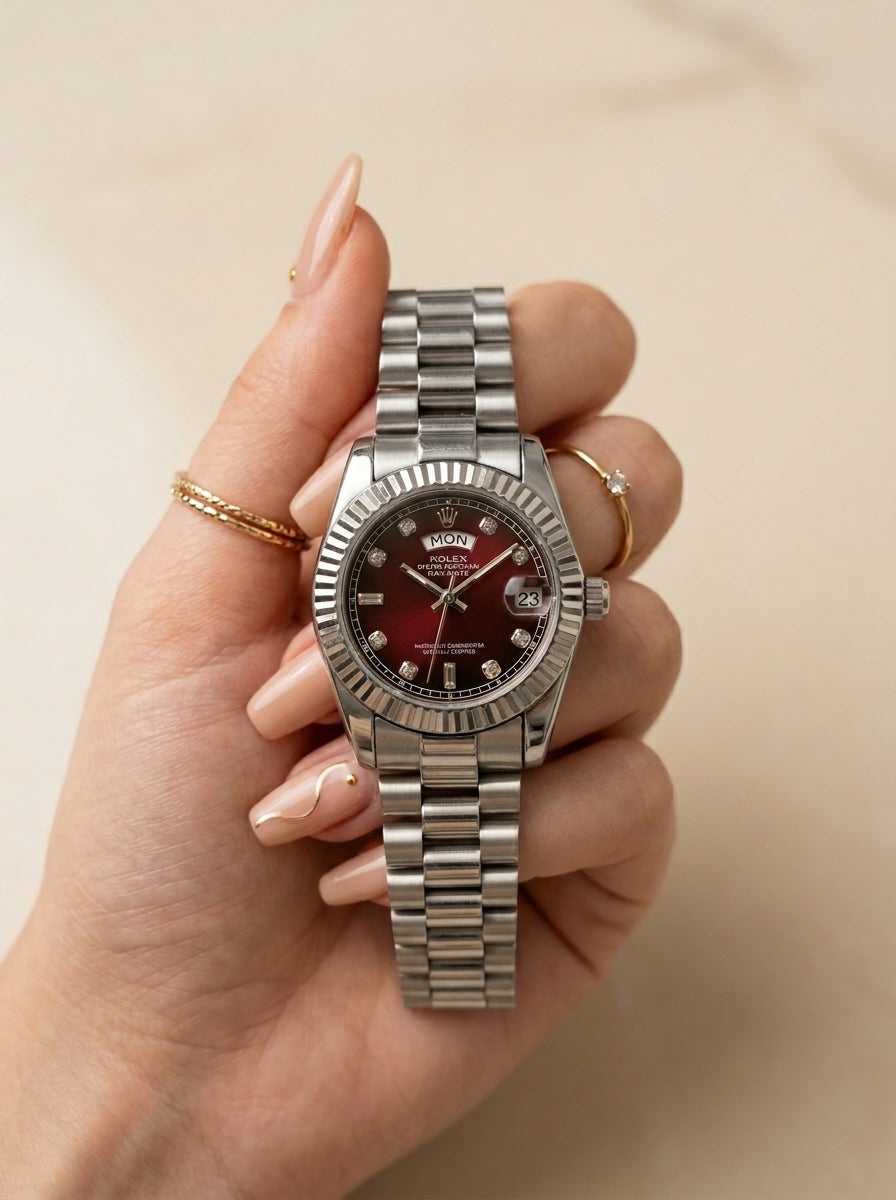 Rolex Day Date Silver-Red Dial Women Watch