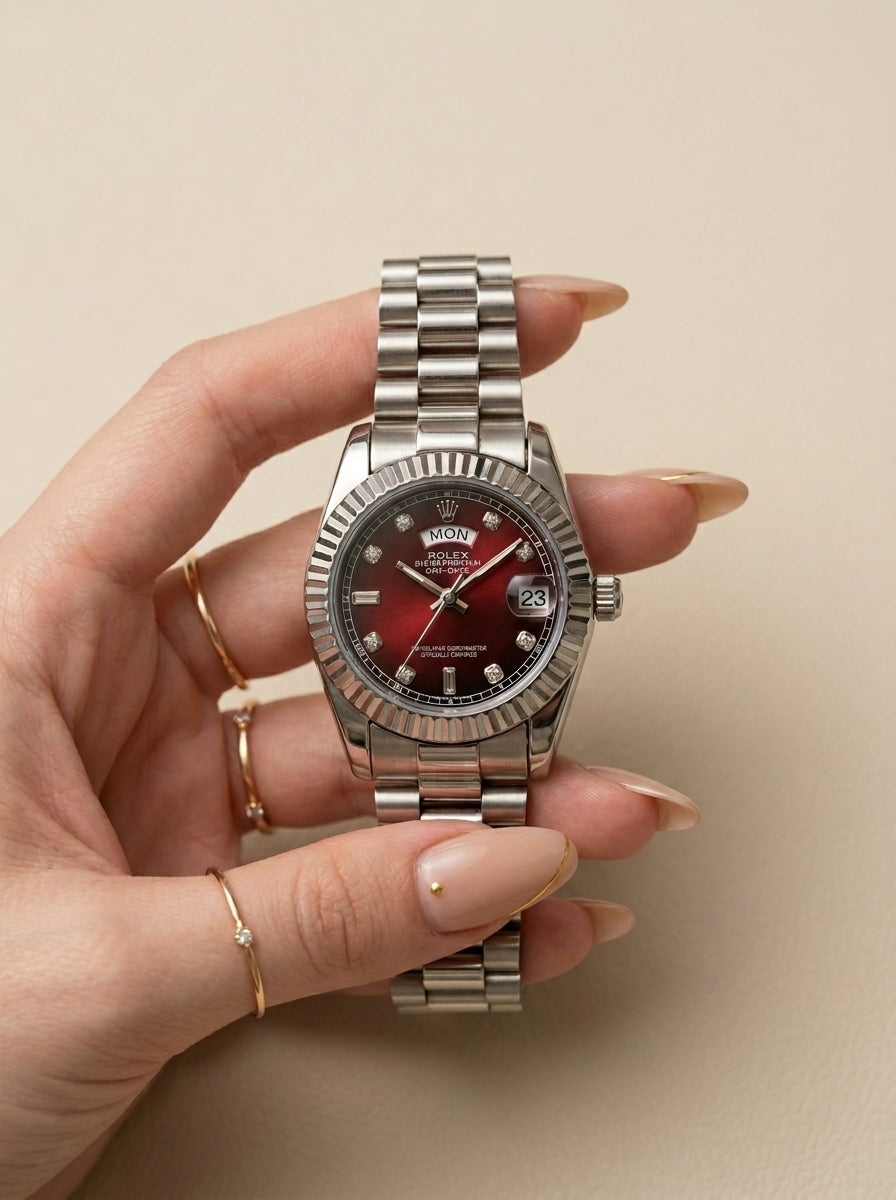 Rolex Day Date Silver-Red Dial Women Watch