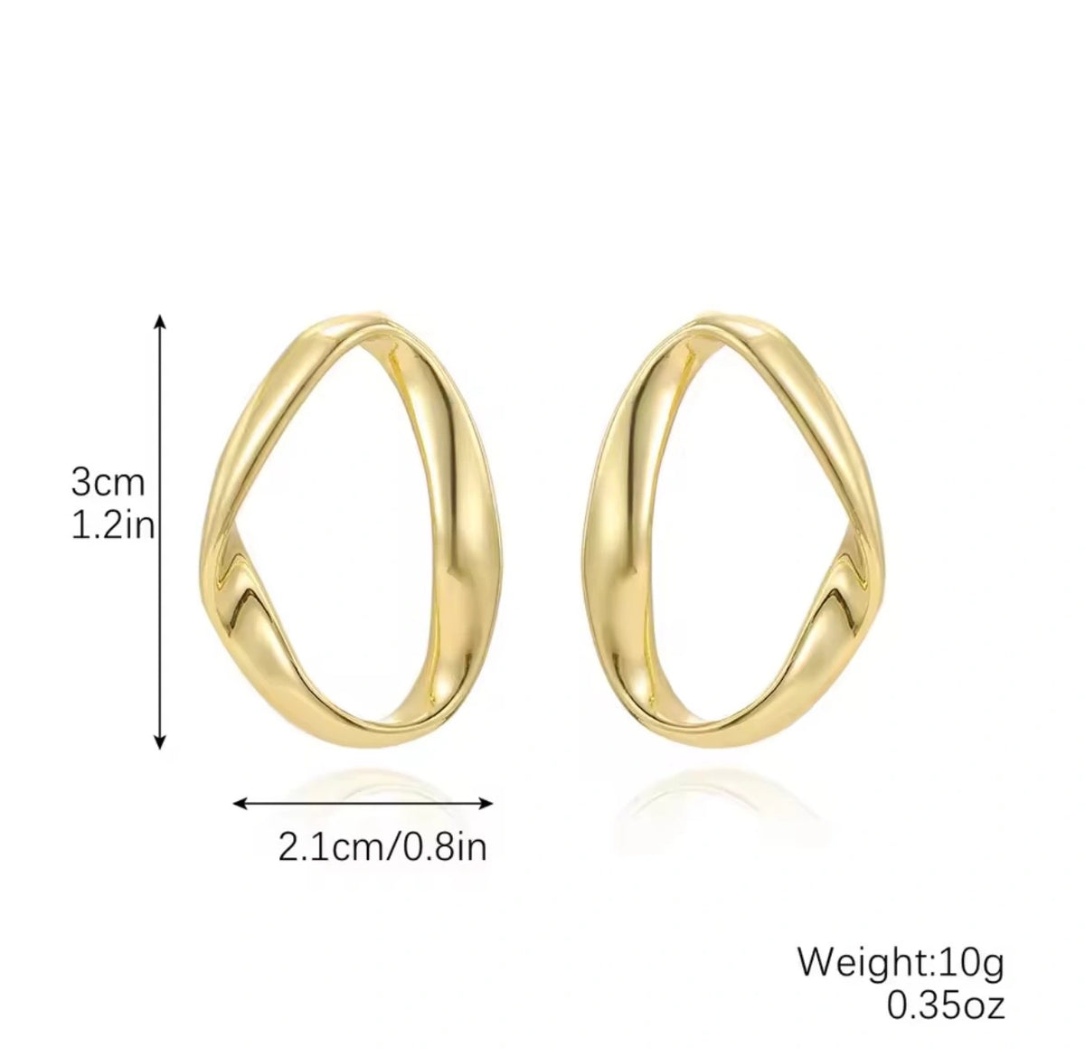 Gold hoop earrings shown on a white background with dimension labels indicating 3 cm height and 2.1 cm width, plus weight text reading 10g / 0.
