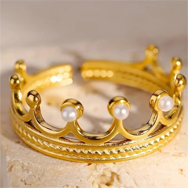 Golden Crown Pearl Adjustable Ring
