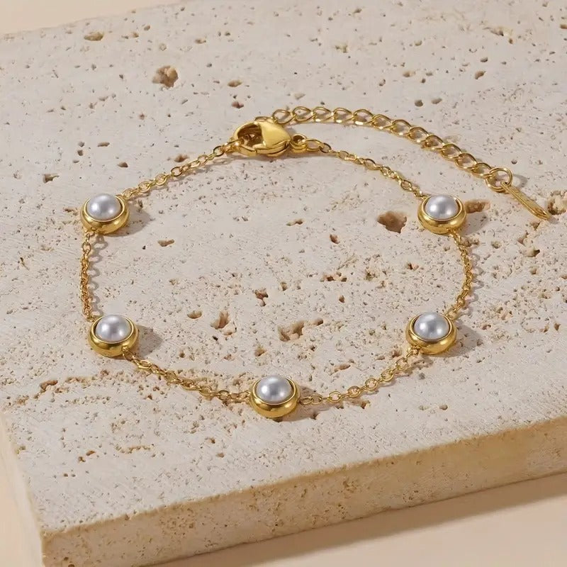 Elegant 4pcs Pearl-Embellished Stainless Steel Jewelry Set