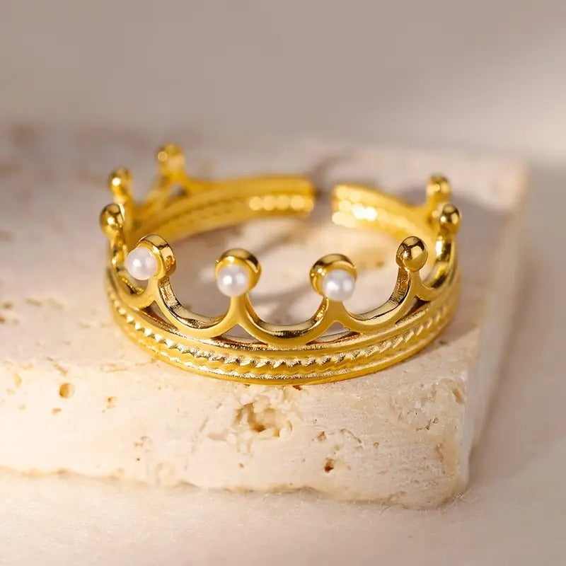 Golden Crown Pearl Adjustable Ring