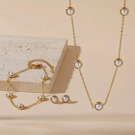 Elegant 4pcs Pearl-Embellished Stainless Steel Jewelry Set