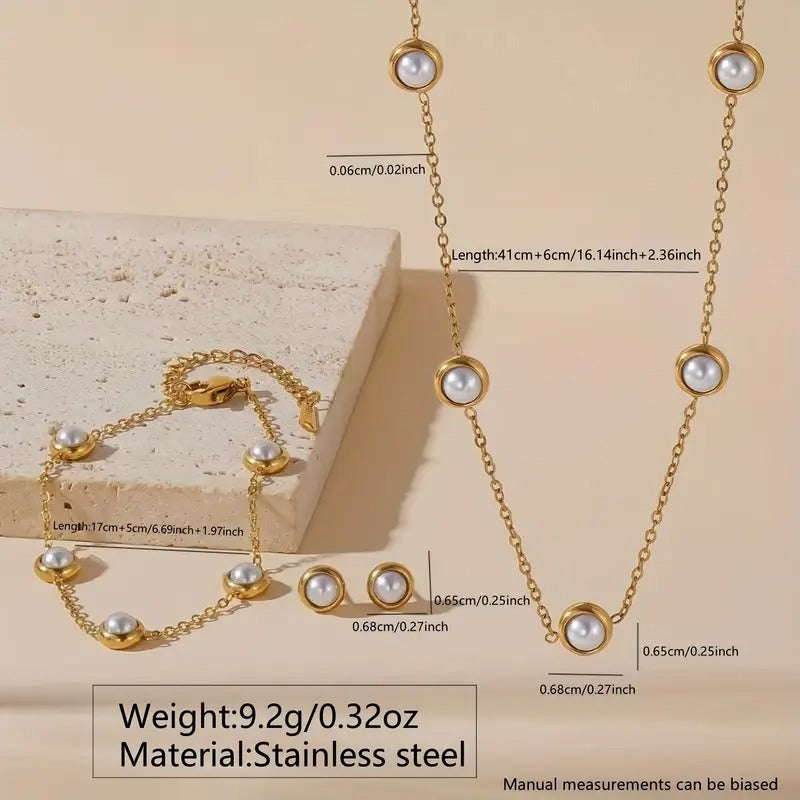 Elegant 4pcs Pearl-Embellished Stainless Steel Jewelry Set